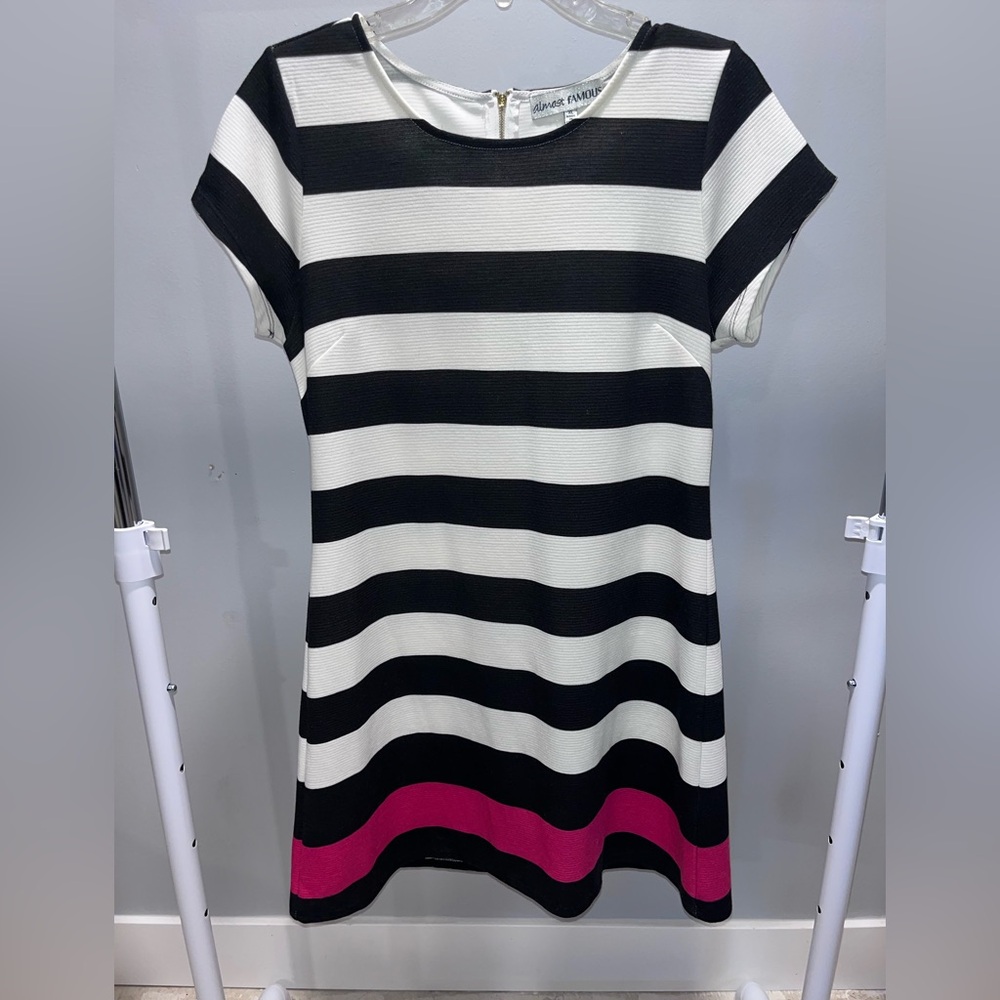 Almost Famous Black and White Striped Mini Dress with Pink Accent
